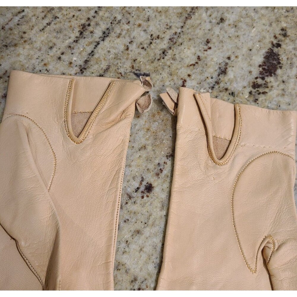 Vintage Size S Pumpkin Beige Soft Leather Formal 9" Gloves Wrist Weave Bow - Picture 9 of 15